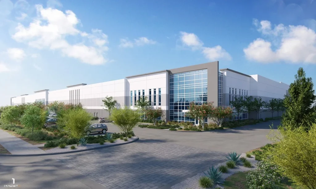 A rendering of the exterior of an industrial building.