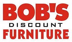A red and white logo for bob 's discount furniture.