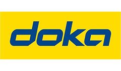 A yellow and blue logo for doke