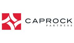 A red and white logo for capron partners
