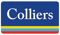A blue banner with white letters that say colliers.