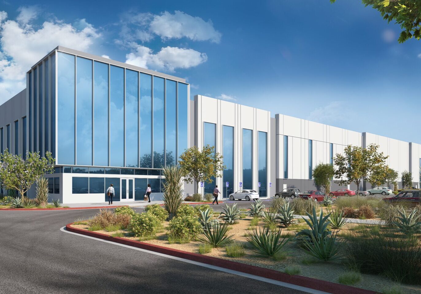 A rendering of the exterior of an office building.
